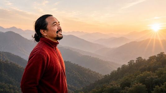 Chogyal Rinpoche overlooking mountains at sunrise